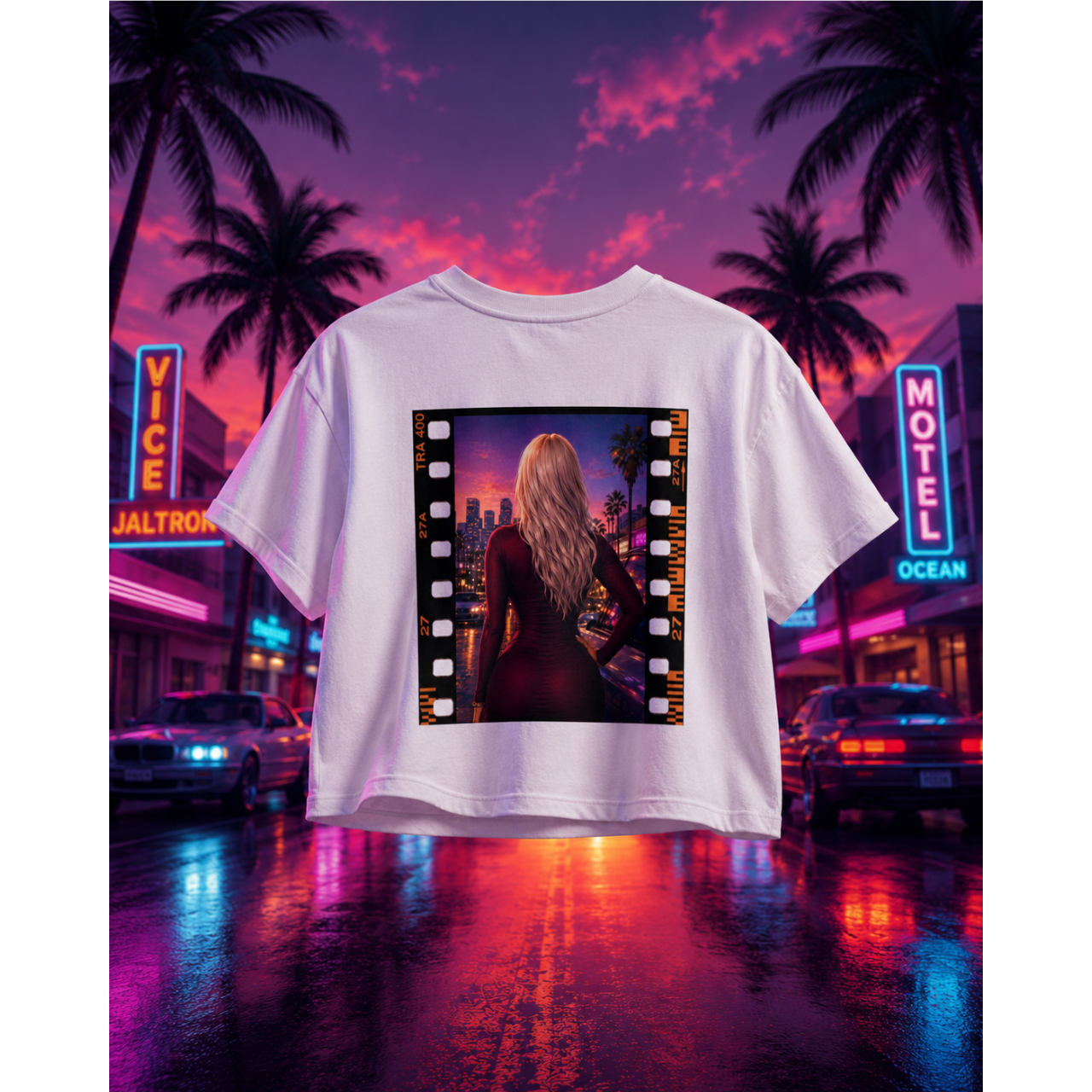 Neon City Film Strip Graphic Tee mockup 2