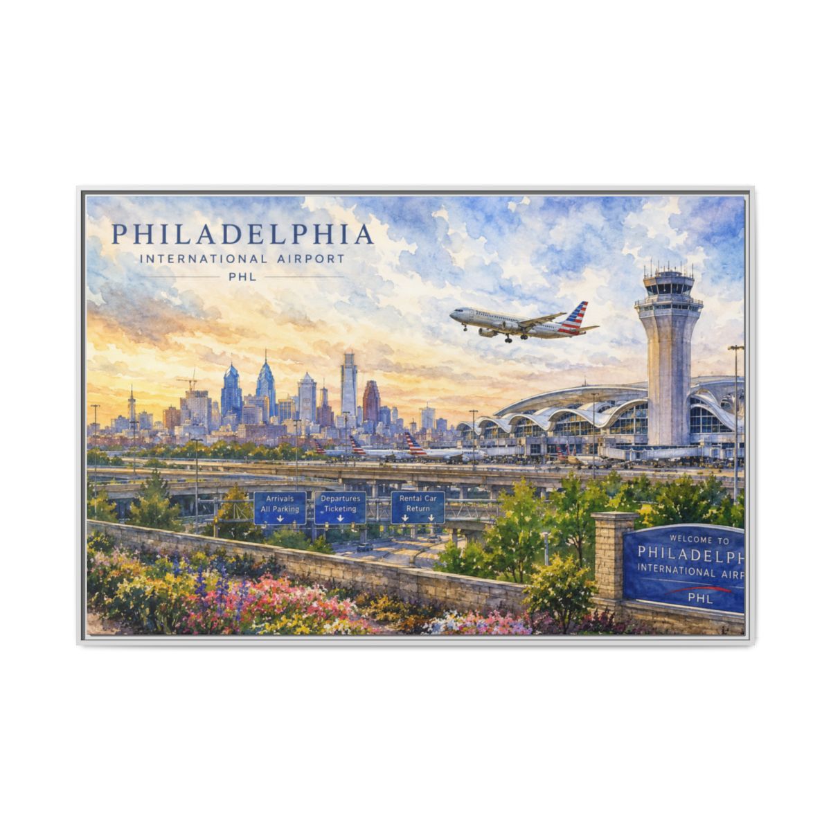 Philadelphia Airport Watercolor Canvas — PHL Travel Landmark Wall Art