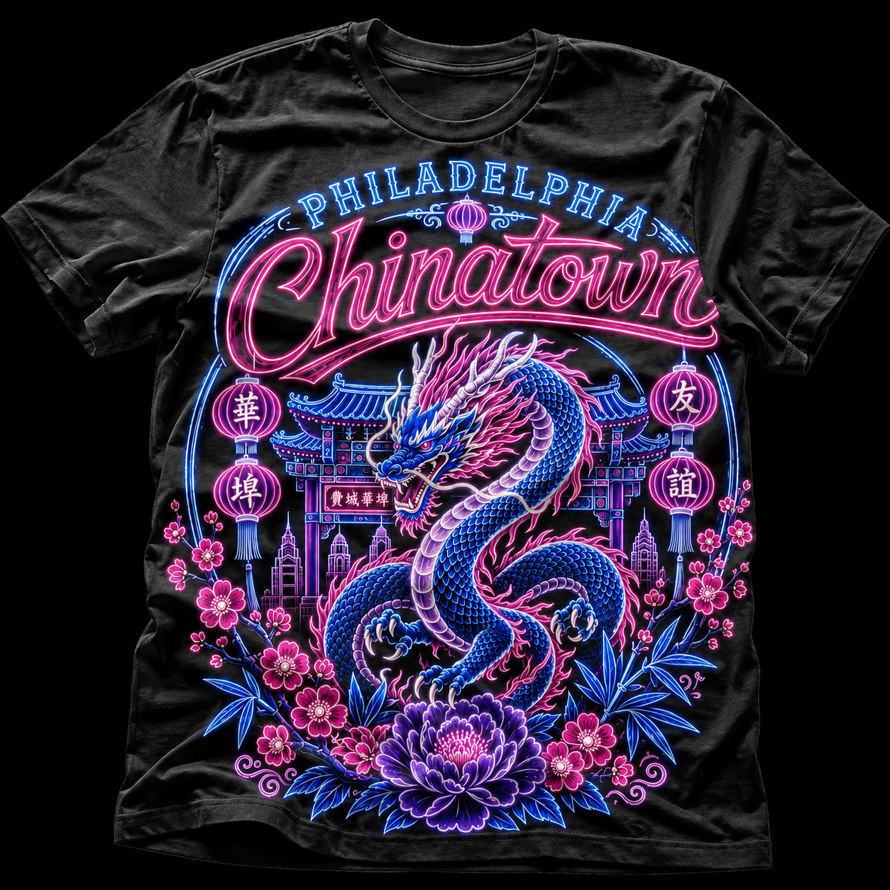 Philadelphia Chinatown Neon Dragon All-Over Print T-Shirt | Blue Pink Purple mockup 1