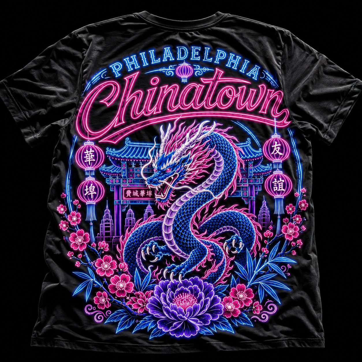 Philadelphia Chinatown Neon Dragon All-Over Print T-Shirt | Blue Pink Purple mockup 2