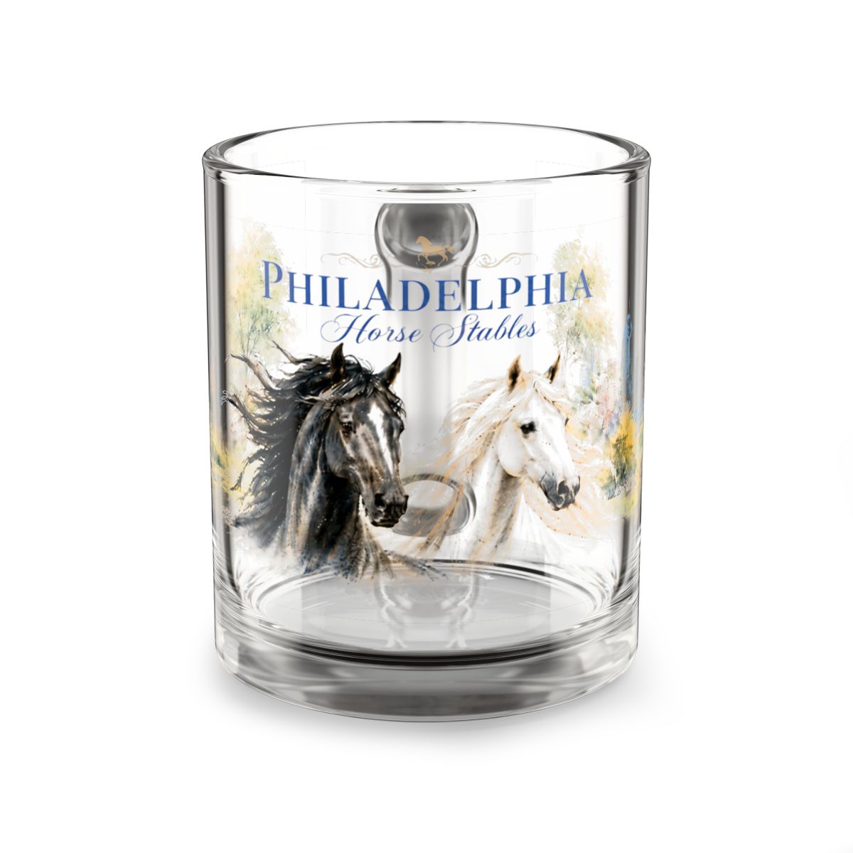 Philadelphia Horse Stables Glass Mug | Elegant Equestrian Philly Coffee Cup mockup 1