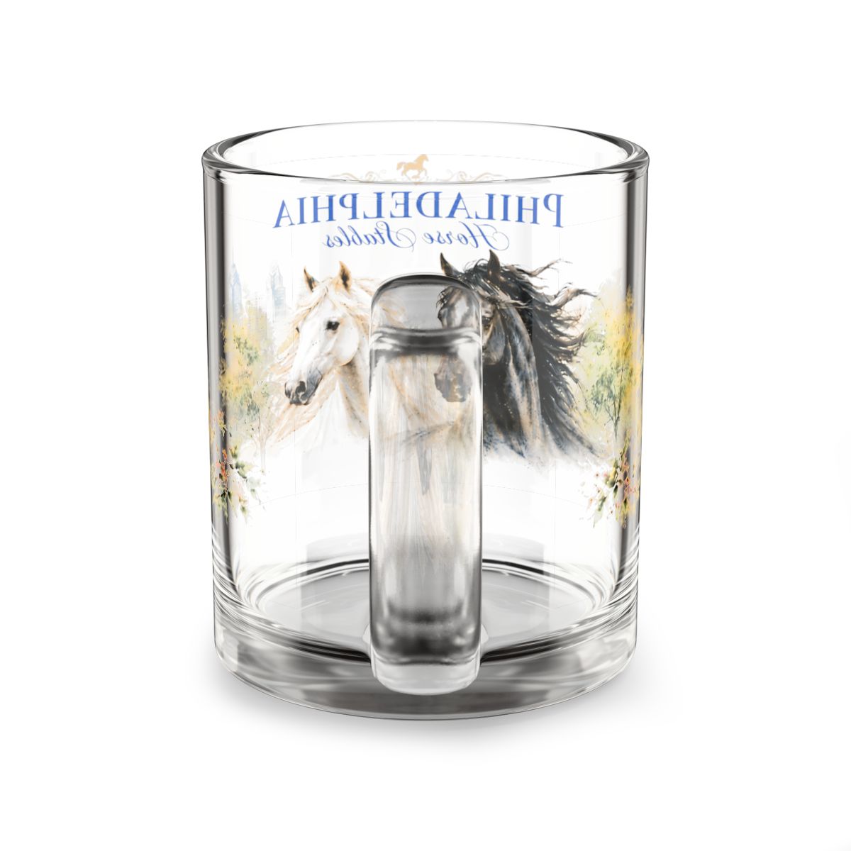 Philadelphia Horse Stables Glass Mug | Elegant Equestrian Philly Coffee Cup mockup 3