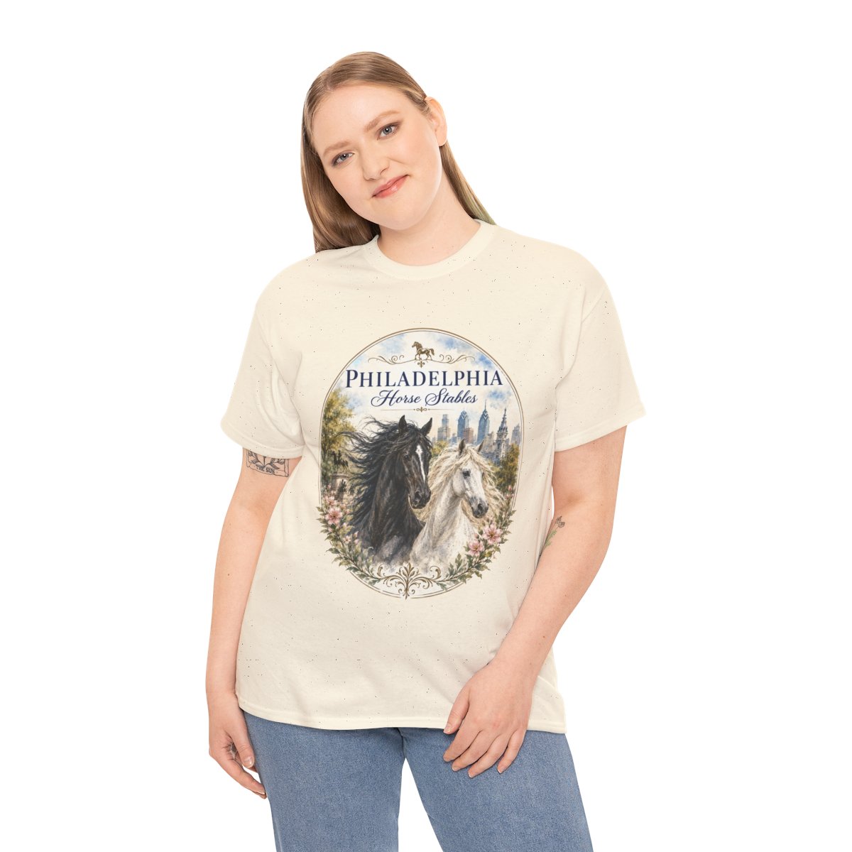 Philadelphia Horse Stables Tee | Black and White Horse Portraits, Floral Oval mockup 1