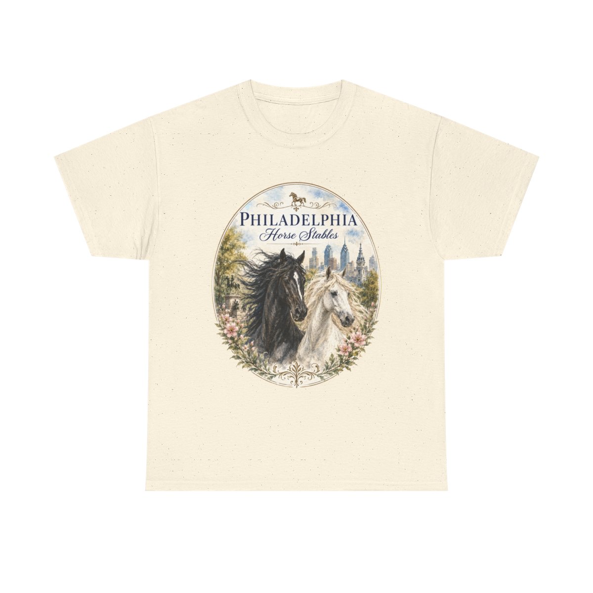 Philadelphia Horse Stables Tee | Black and White Horse Portraits, Floral Oval mockup 2