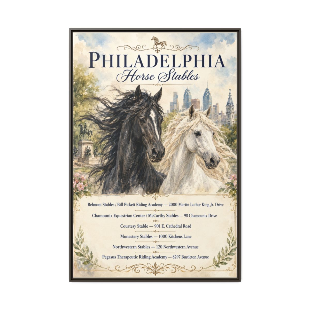 Philadelphia Horse Stables Watercolor on Canvas | Elegant Equestrian Wall Art