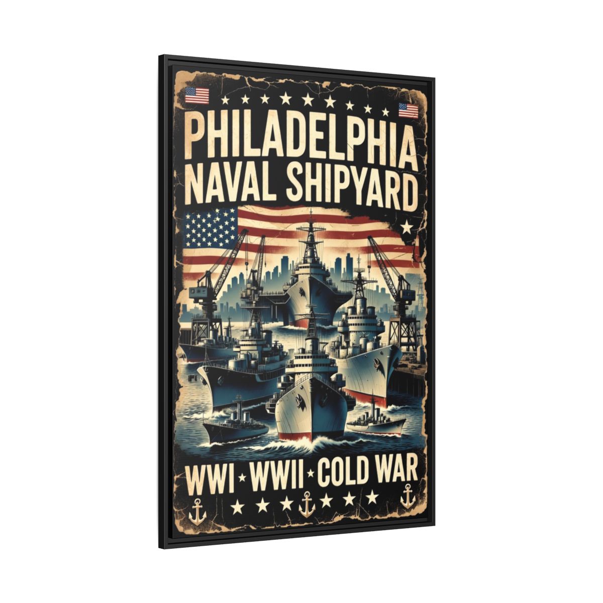 Philadelphia Naval Shipyard Vintage Poster Matte Canvas Print (Framed) mockup 2