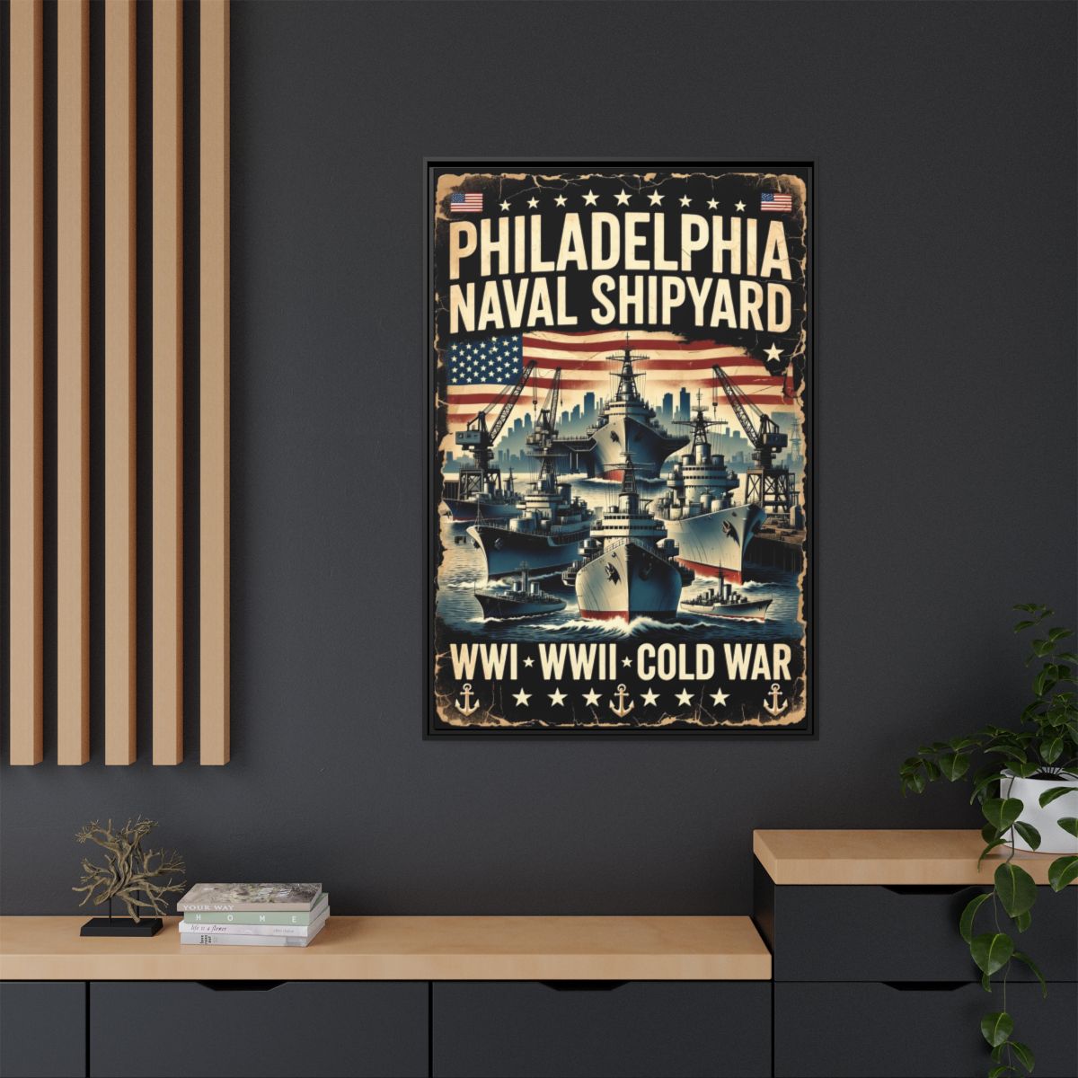 Philadelphia Naval Shipyard Vintage Poster Matte Canvas Print (Framed) mockup 3