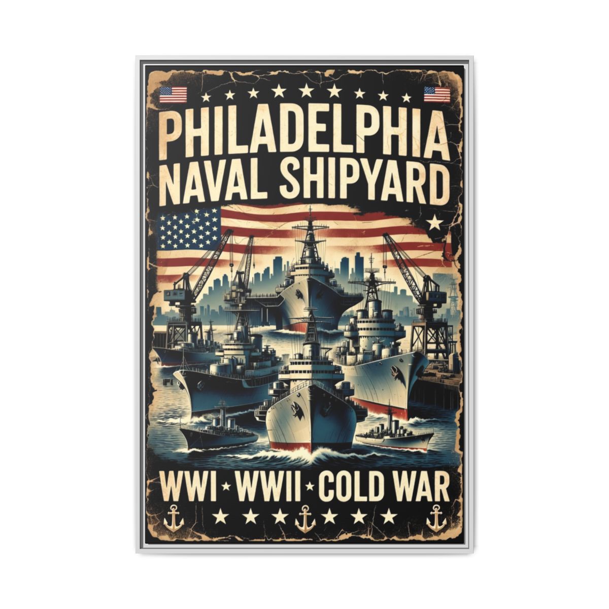 Philadelphia Naval Shipyard Vintage Poster Matte Canvas Print (Framed) mockup 4