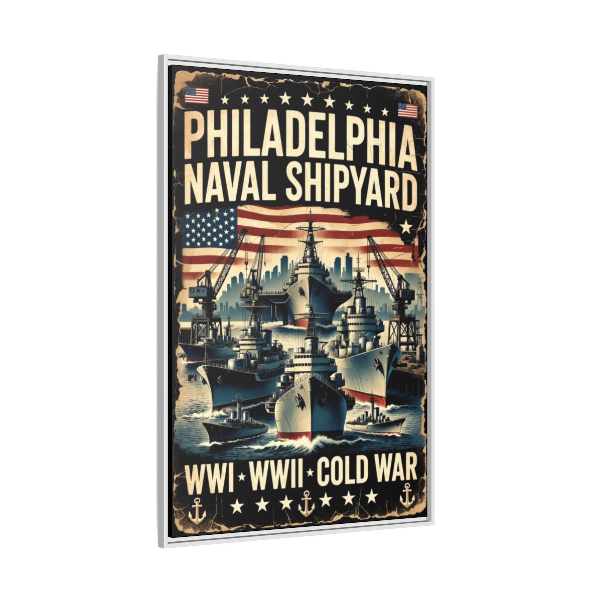Philadelphia Naval Shipyard Vintage Poster Matte Canvas Print (Framed) mockup 5