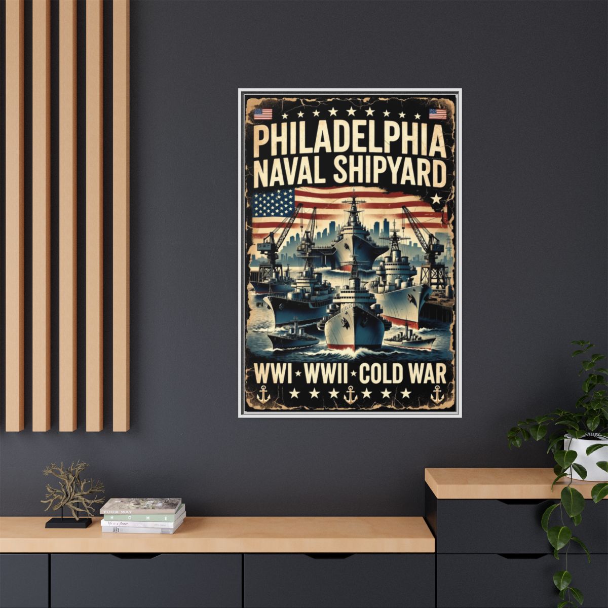 Philadelphia Naval Shipyard Vintage Poster Matte Canvas Print (Framed) mockup 6