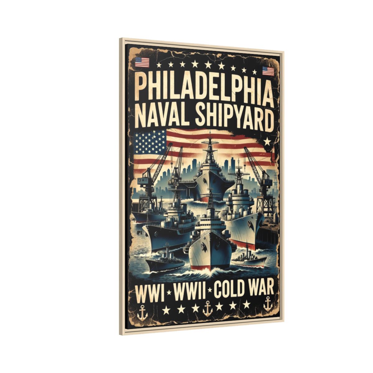 Philadelphia Naval Shipyard Vintage Poster Matte Canvas Print (Framed) mockup 8