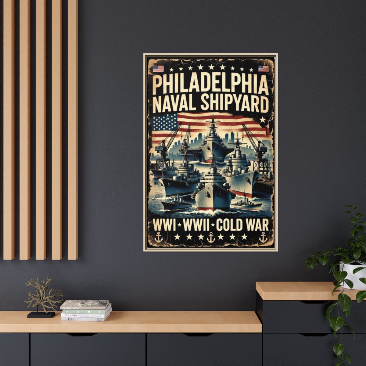 Philadelphia Naval Shipyard Vintage Poster Matte Canvas Print (Framed) mockup 9