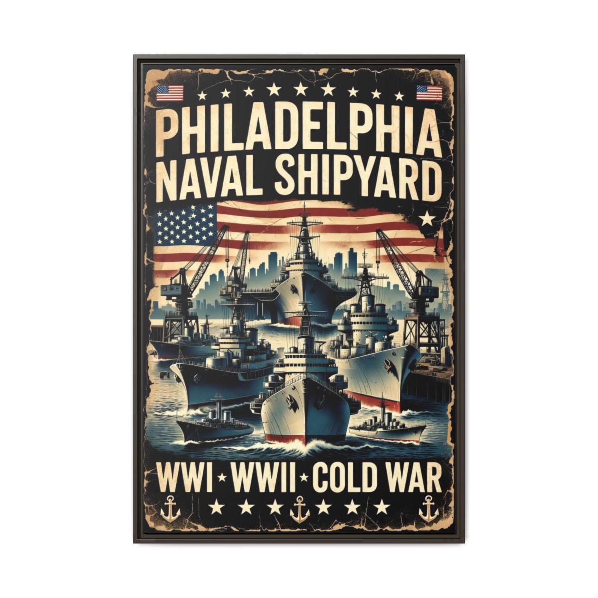 Philadelphia Naval Shipyard Vintage Poster Matte Canvas Print (Framed) mockup 10