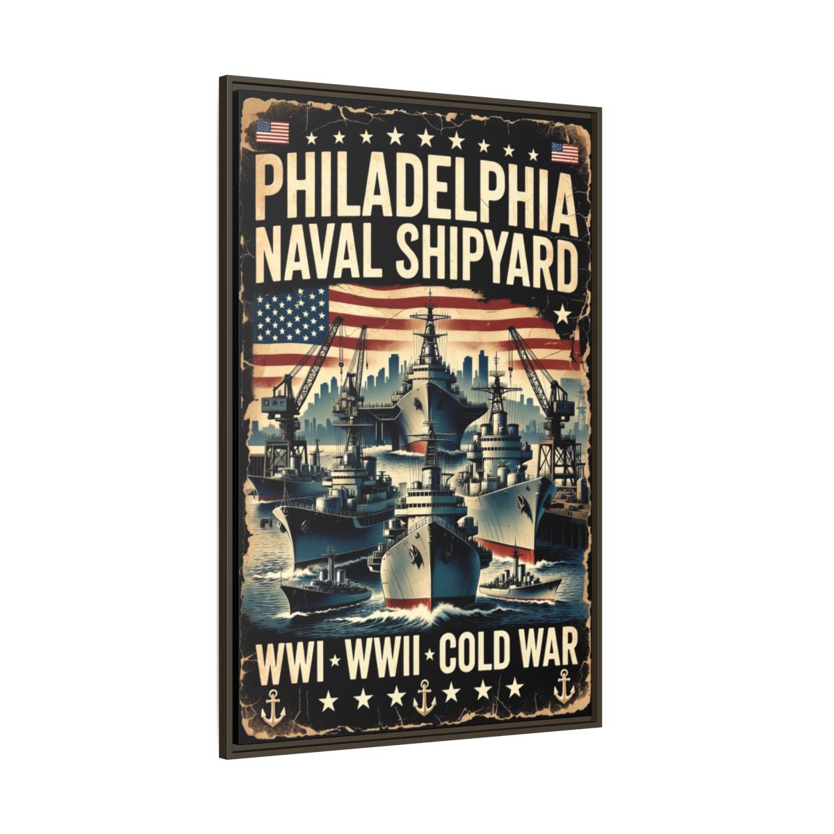 Philadelphia Naval Shipyard Vintage Poster Matte Canvas Print (Framed) mockup 11