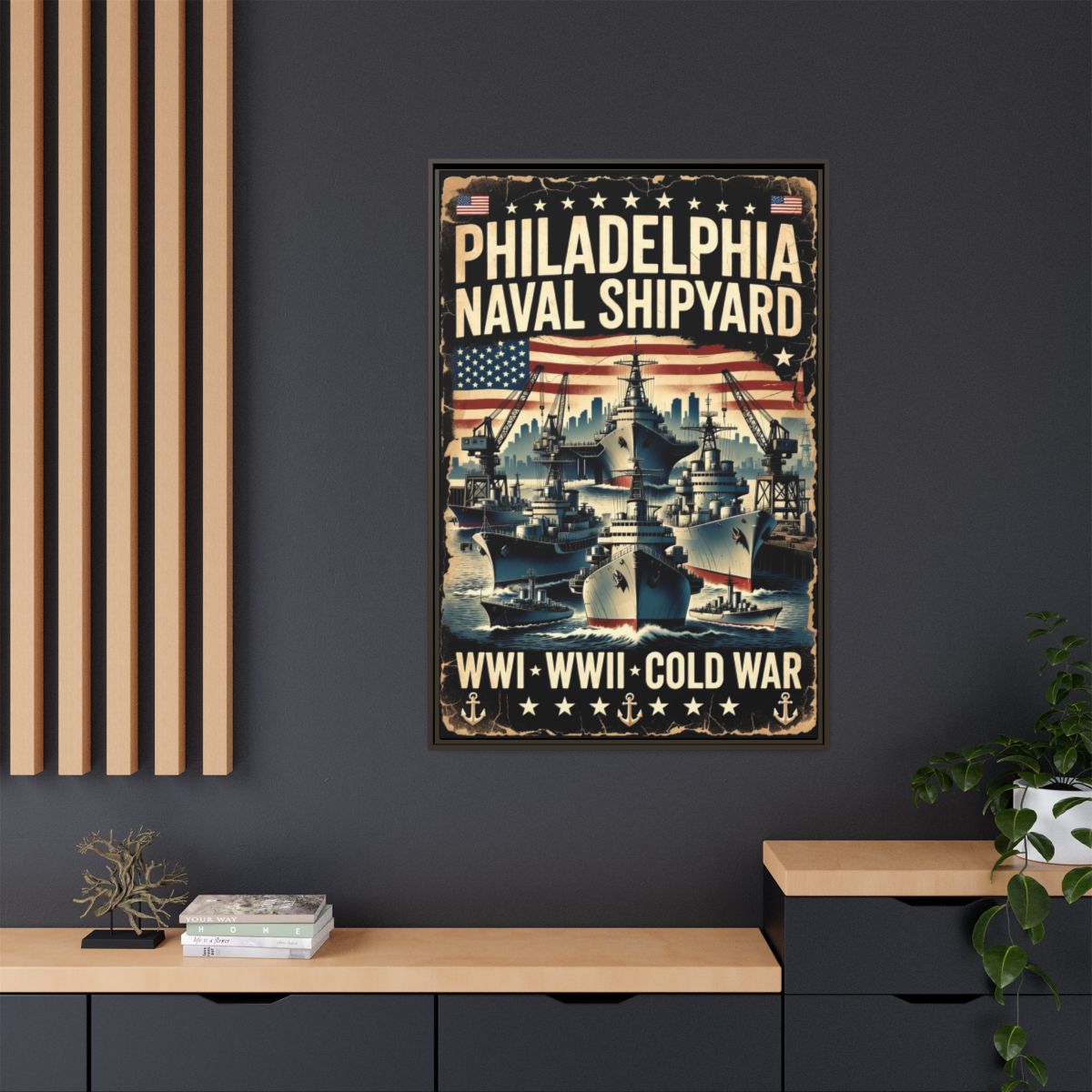 Philadelphia Naval Shipyard Vintage Poster Matte Canvas Print (Framed) mockup 12