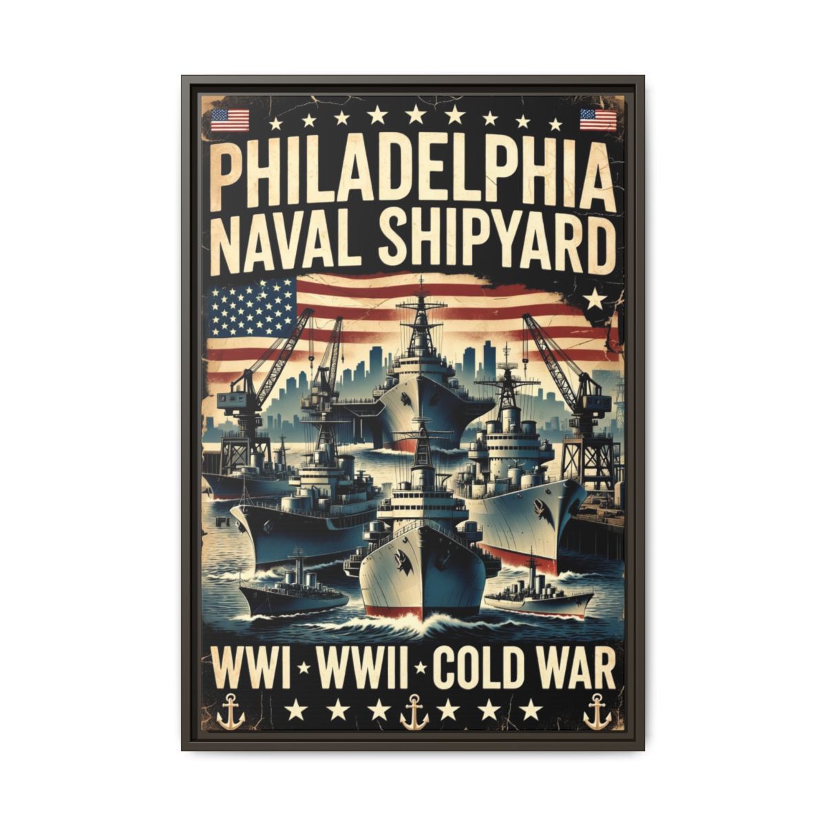 Philadelphia Naval Shipyard Vintage Poster Matte Canvas Print (Framed) mockup 13