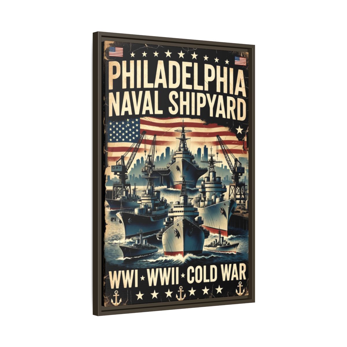 Philadelphia Naval Shipyard Vintage Poster Matte Canvas Print (Framed) mockup 14