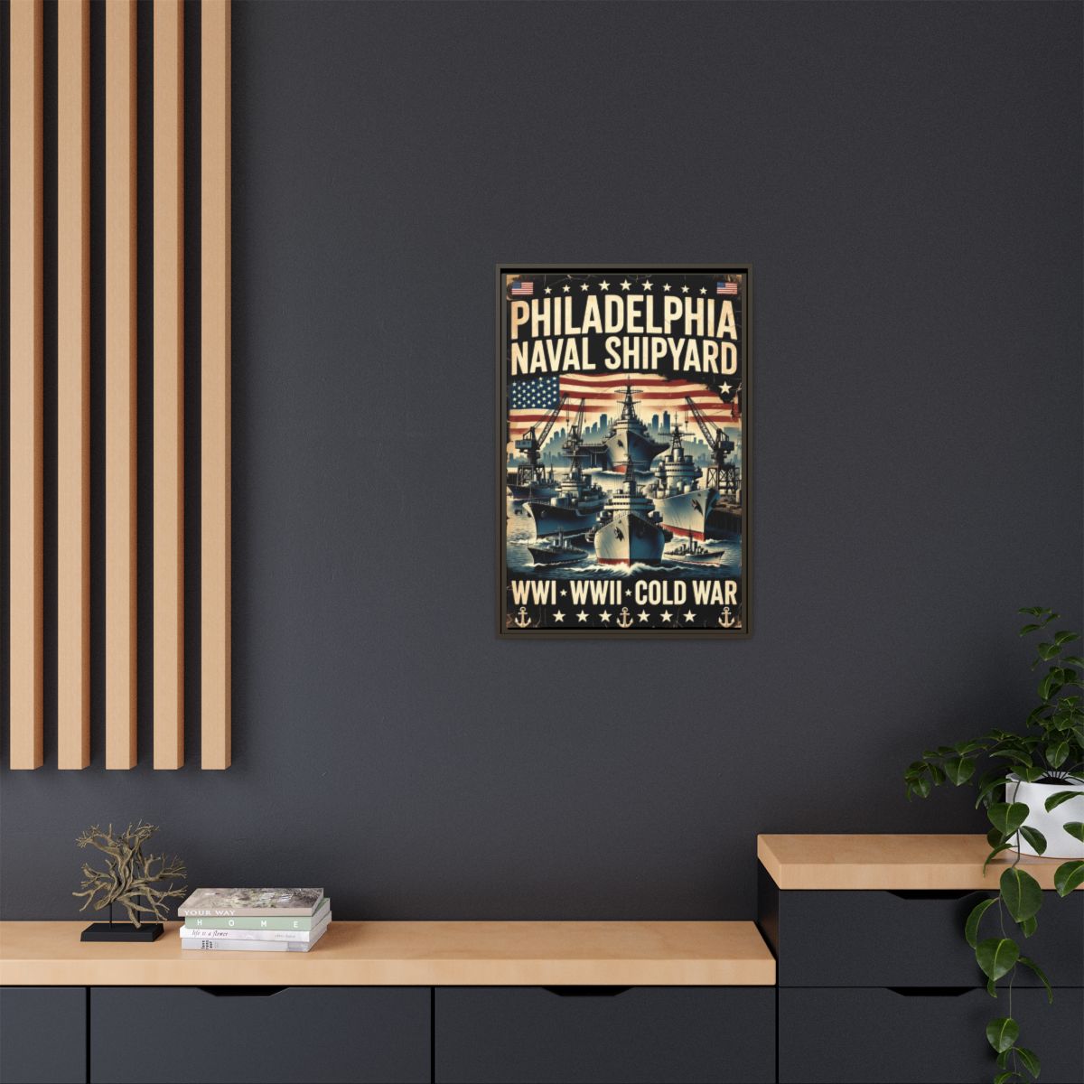 Philadelphia Naval Shipyard Vintage Poster Matte Canvas Print (Framed) mockup 15