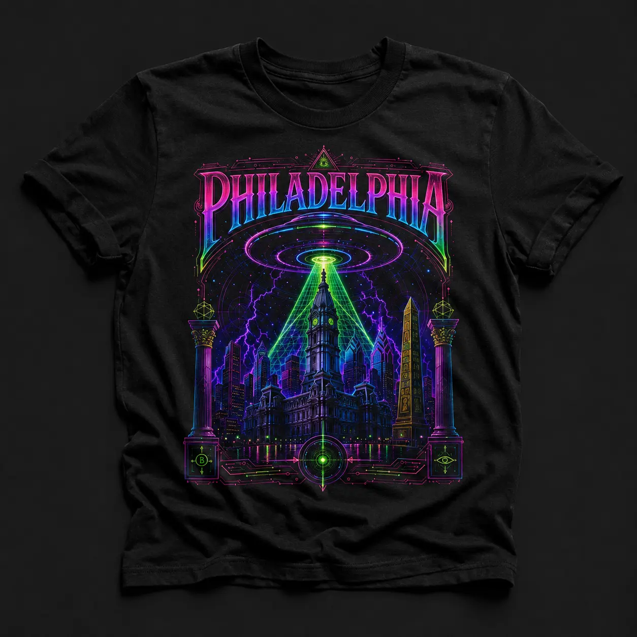Black graphic T-shirt featuring a fluorescent UFO hovering above Philadelphia City Hall and projecting a green laser pyramid over a neon skyline.