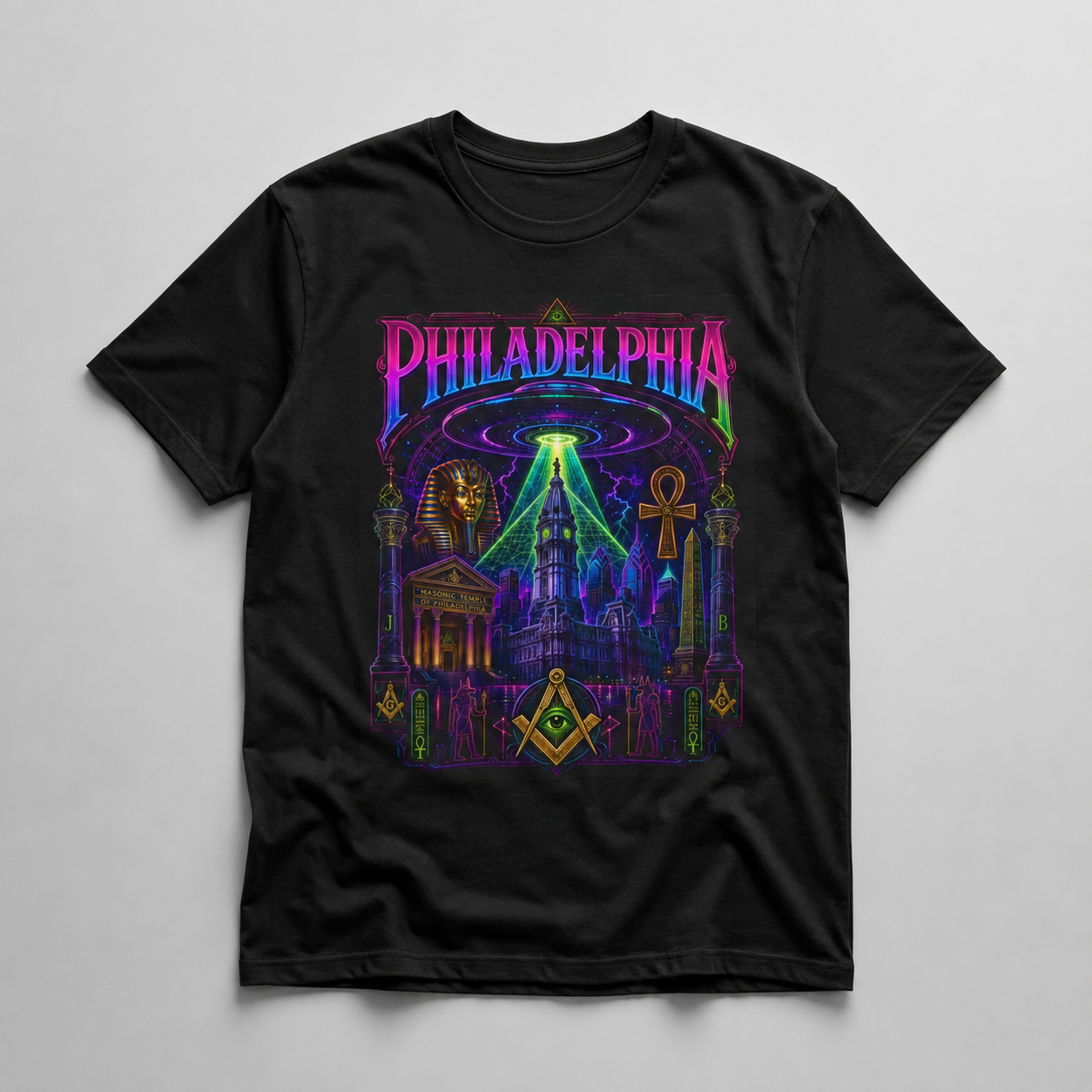 Philadelphia UFO Masonic Mystery City Hall Alien Graphic Tee mockup 1