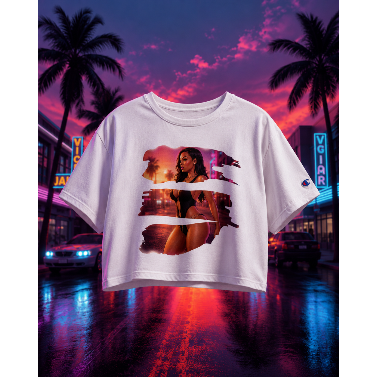 PHL 2 MIA Niathatswhy Champion Graphic Crop T-Shirt | Philadelphia to Miami Travel Tee mockup 1