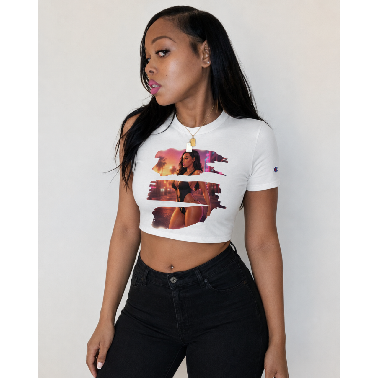PHL 2 MIA Niathatswhy Champion Graphic Crop T-Shirt | Philadelphia to Miami Travel Tee mockup 2
