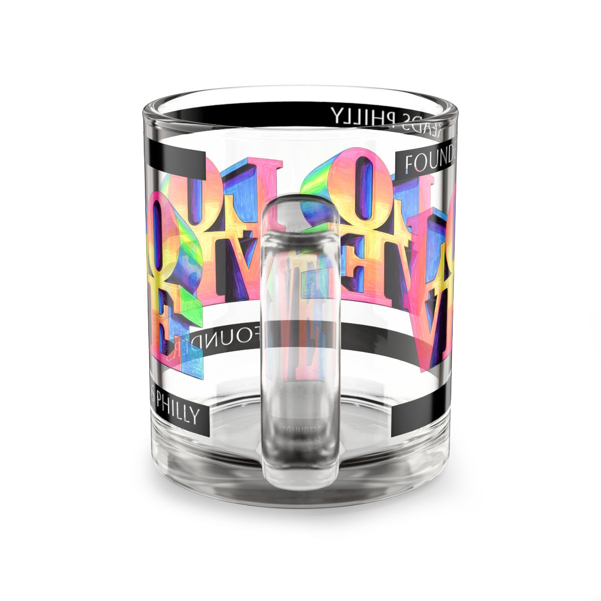 Rainbow LOVE Philadelphia Mug Colorful 3D Typography Glass Cup mockup 3