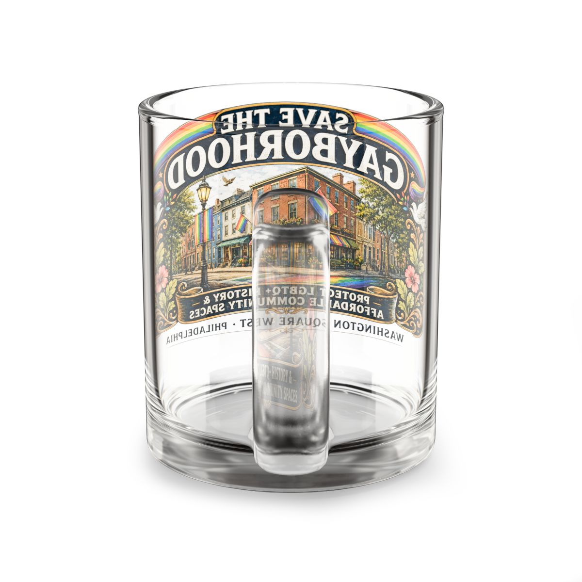 Save Philadelphia Gayborhood Mug — Pride Community History Glass Cup mockup 3