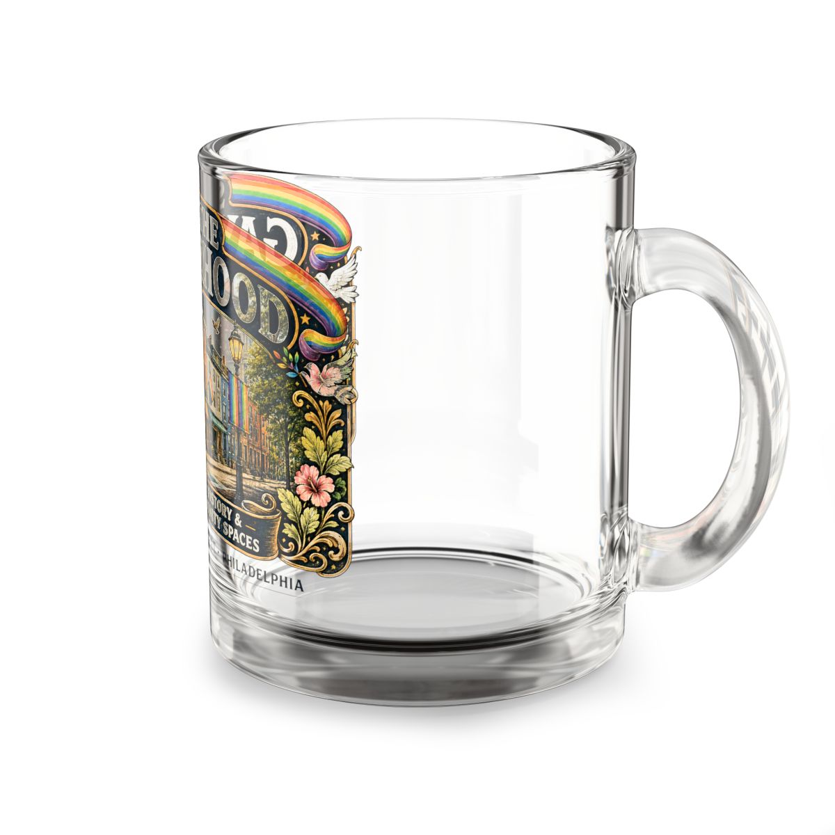Save Philadelphia Gayborhood Mug — Pride Community History Glass Cup mockup 4