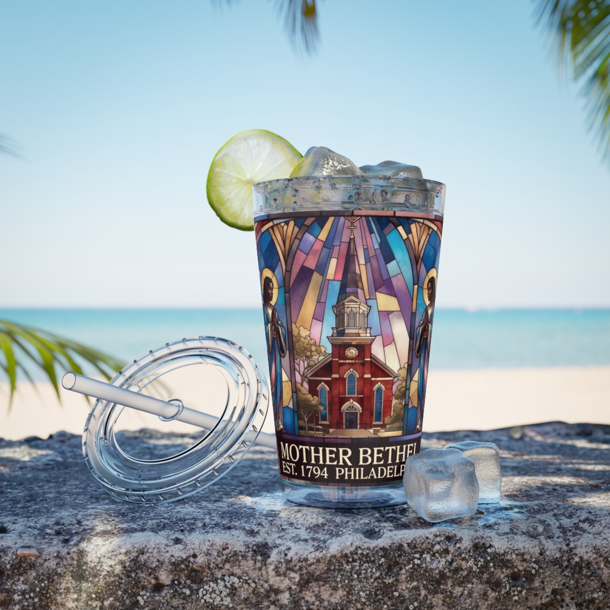 Stained Glass Church 16oz Tumbler with Straw — "Mother Bethel" Design mockup 1