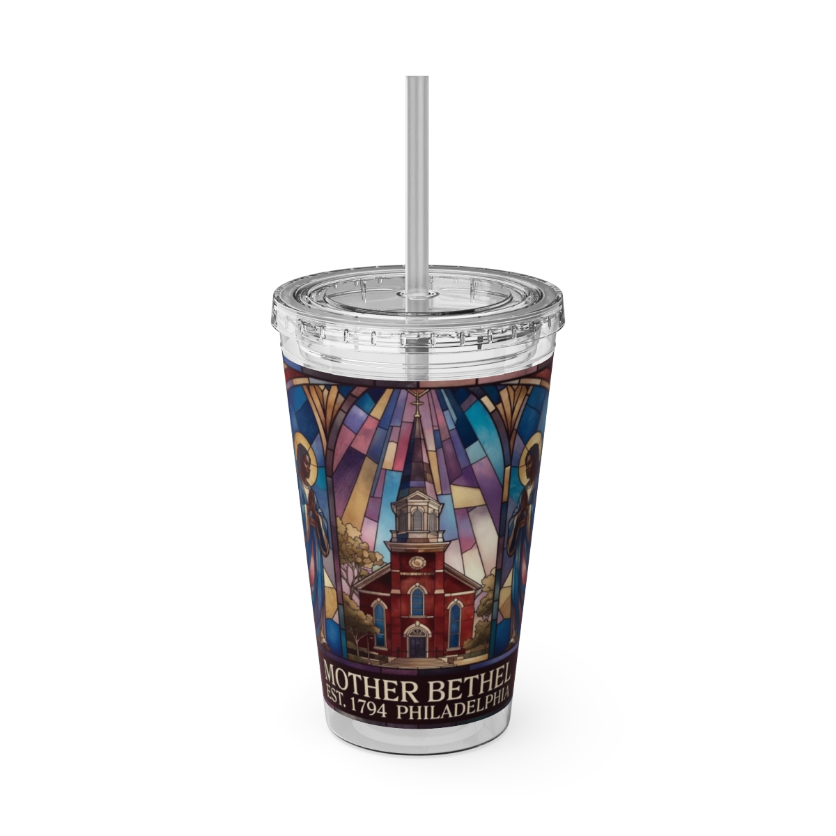 Stained Glass Church 16oz Tumbler with Straw — "Mother Bethel" Design mockup 2