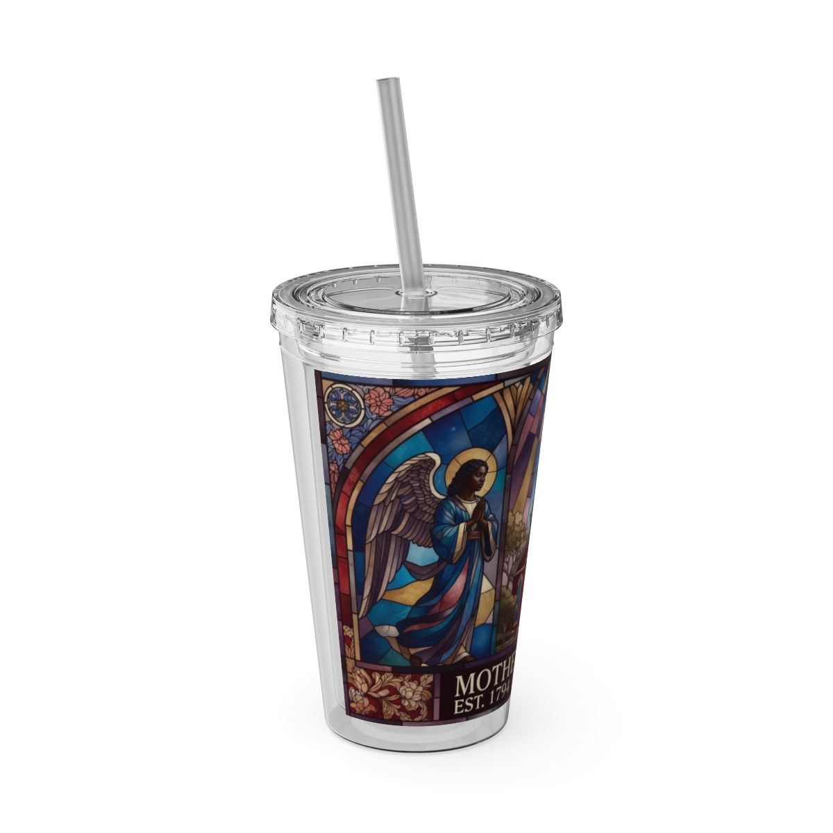 Stained Glass Church 16oz Tumbler with Straw — "Mother Bethel" Design mockup 3
