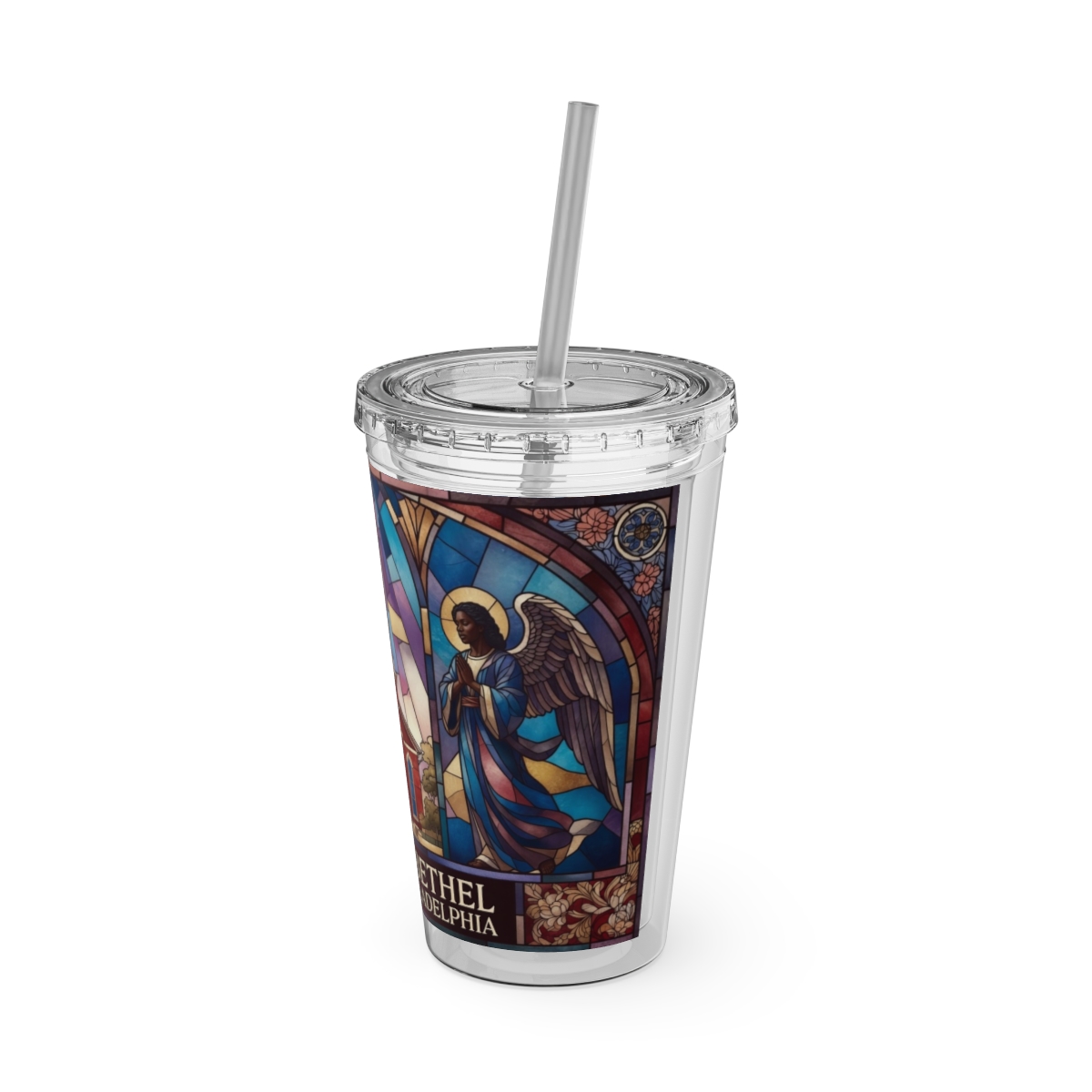 Stained Glass Church 16oz Tumbler with Straw — "Mother Bethel" Design mockup 5