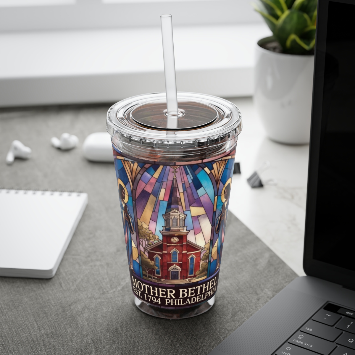 Stained Glass Church 16oz Tumbler with Straw — "Mother Bethel" Design mockup 6
