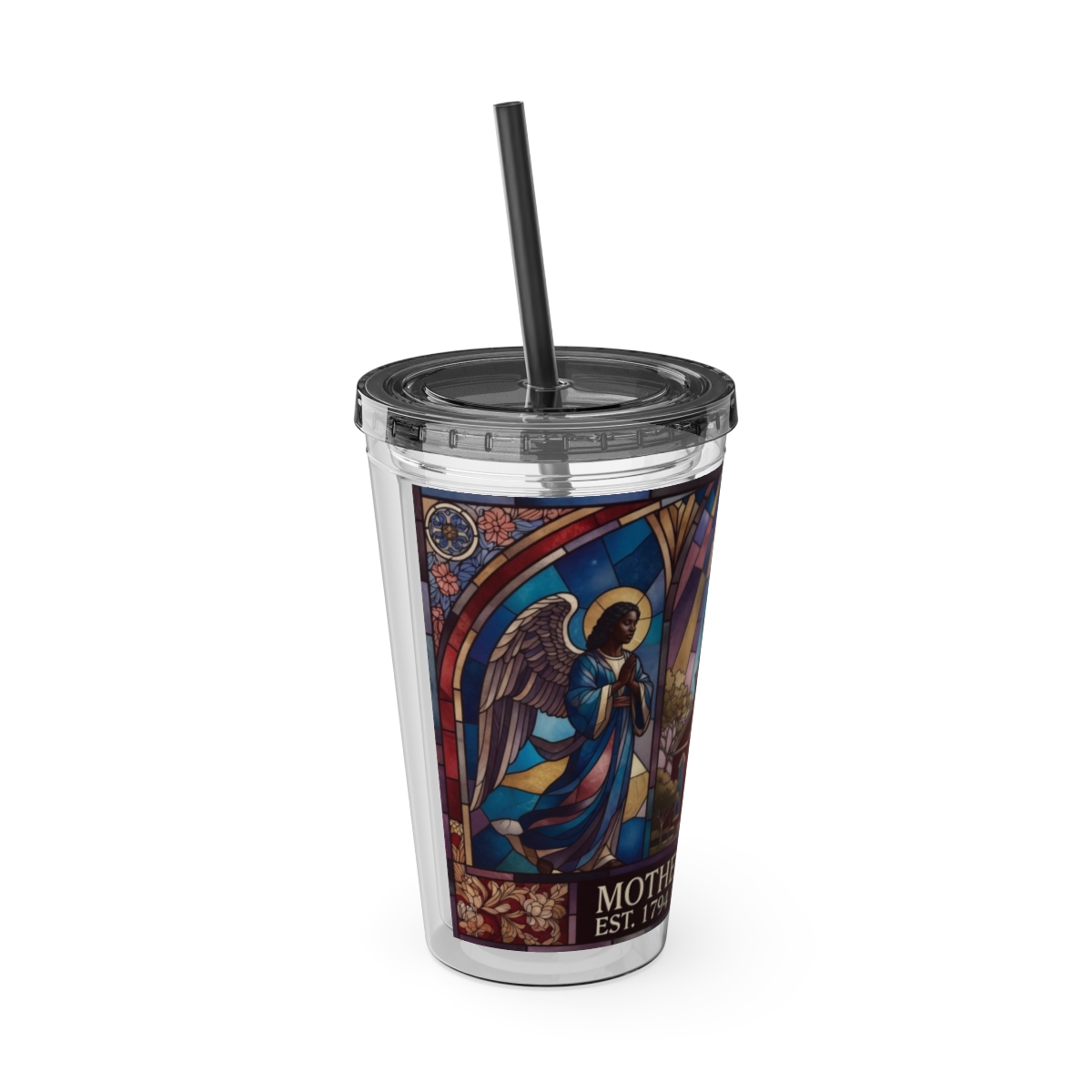 Stained Glass Church 16oz Tumbler with Straw — "Mother Bethel" Design mockup 8