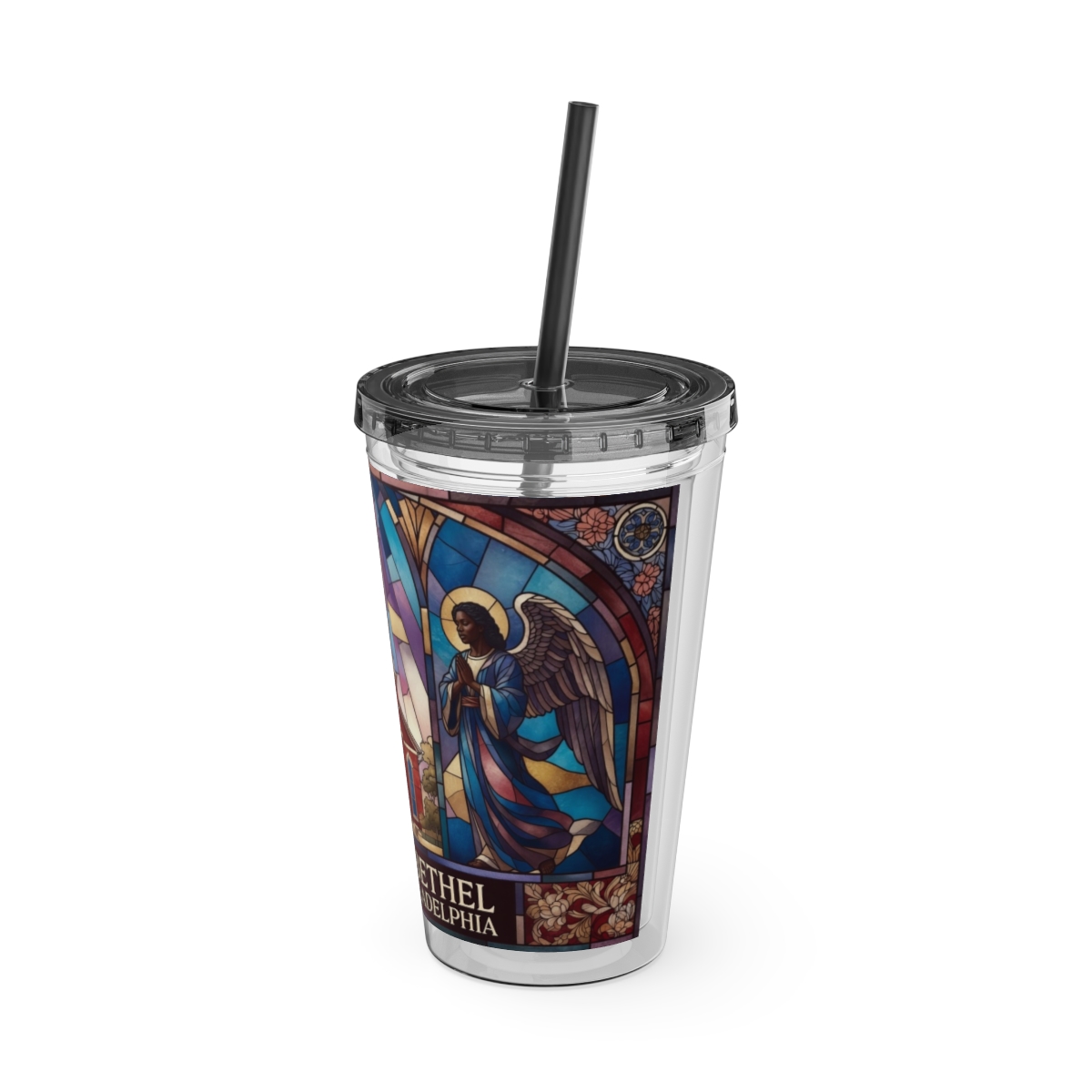 Stained Glass Church 16oz Tumbler with Straw — "Mother Bethel" Design mockup 10