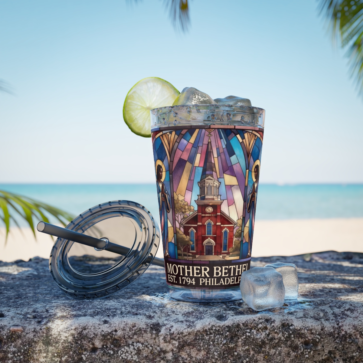 Stained Glass Church 16oz Tumbler with Straw — "Mother Bethel" Design mockup 11