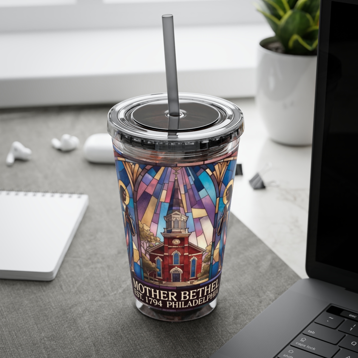 Stained Glass Church 16oz Tumbler with Straw — "Mother Bethel" Design mockup 12