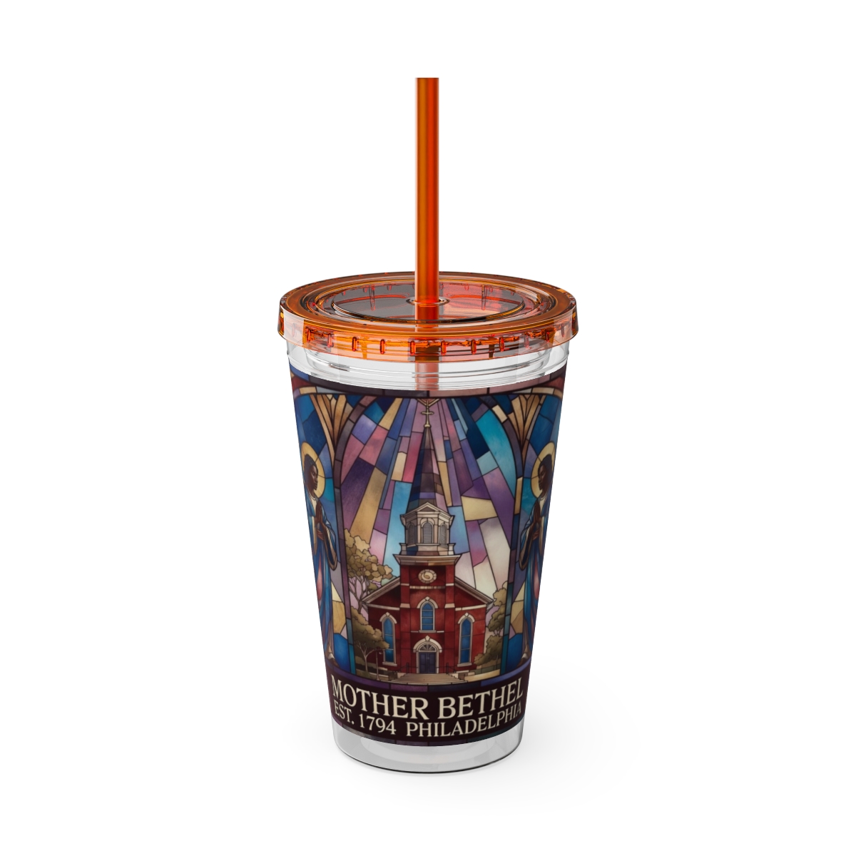 Stained Glass Church 16oz Tumbler with Straw — "Mother Bethel" Design mockup 13