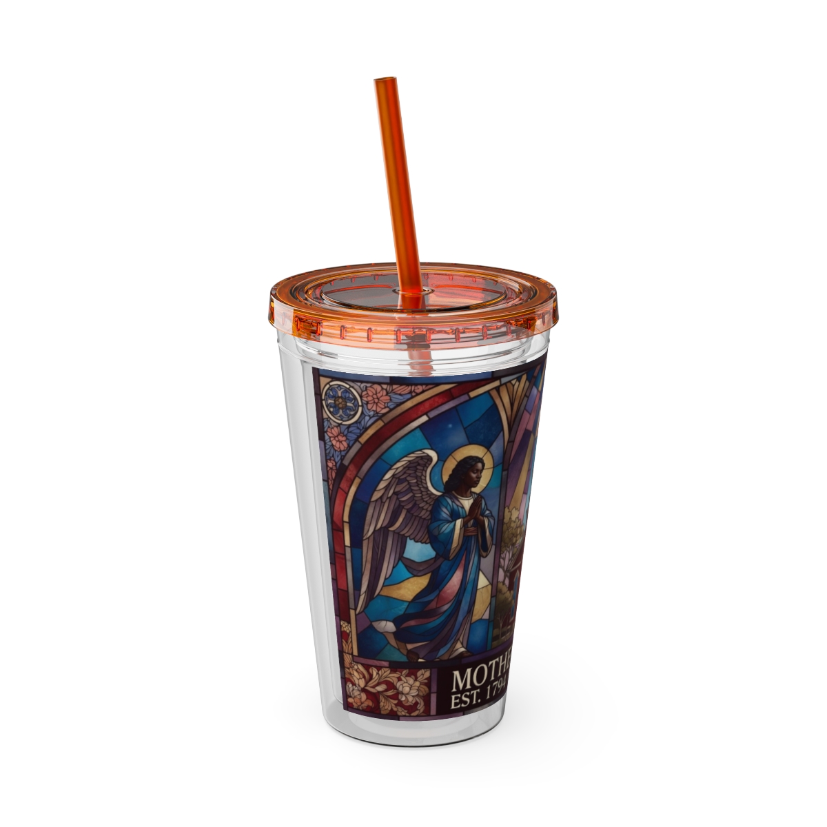 Stained Glass Church 16oz Tumbler with Straw — "Mother Bethel" Design mockup 14