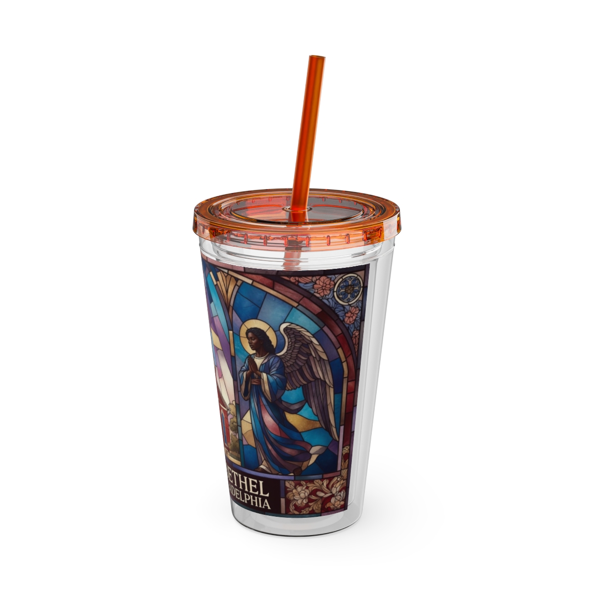 Stained Glass Church 16oz Tumbler with Straw — "Mother Bethel" Design mockup 16