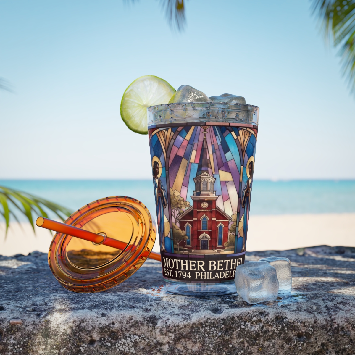 Stained Glass Church 16oz Tumbler with Straw — "Mother Bethel" Design mockup 17