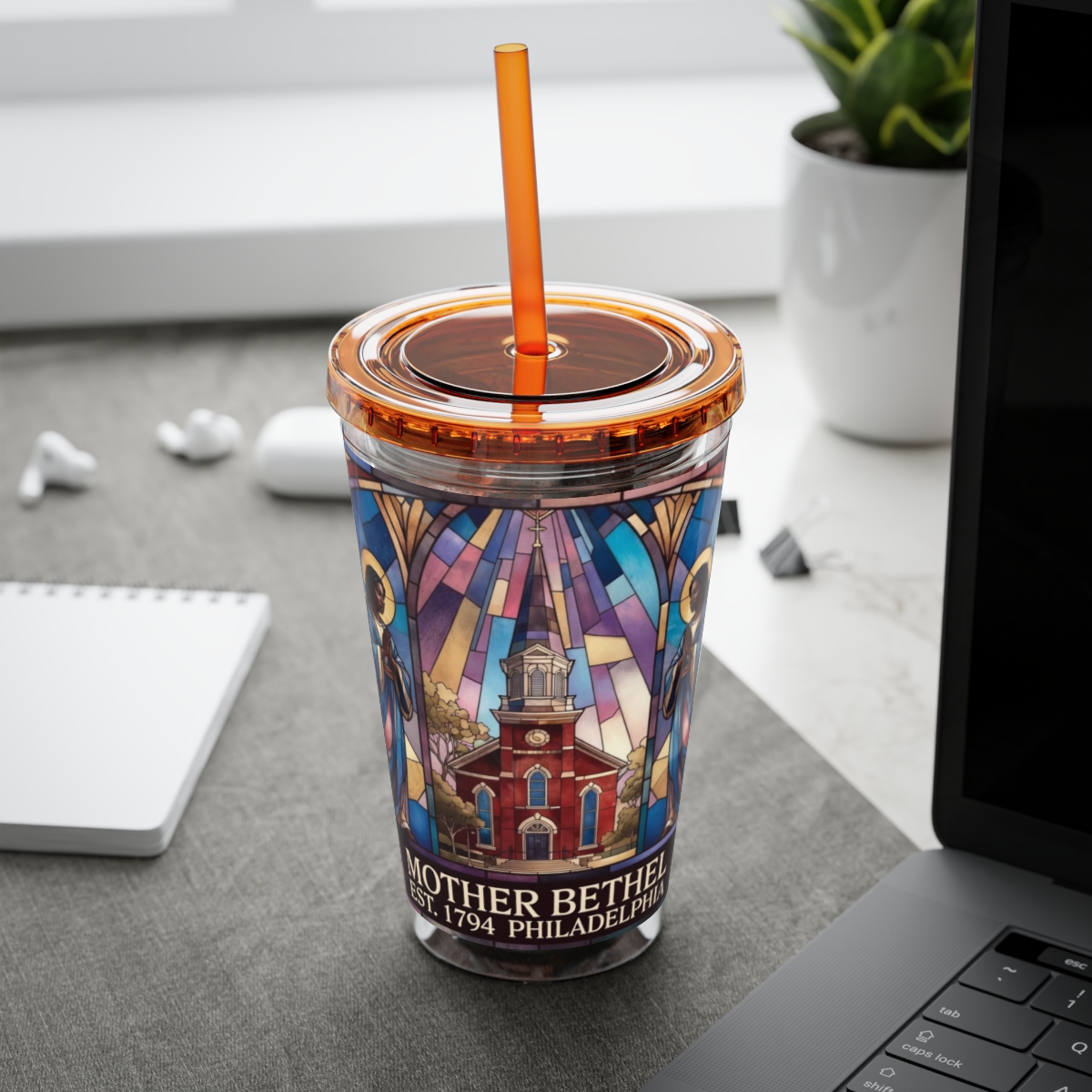 Stained Glass Church 16oz Tumbler with Straw — "Mother Bethel" Design mockup 18