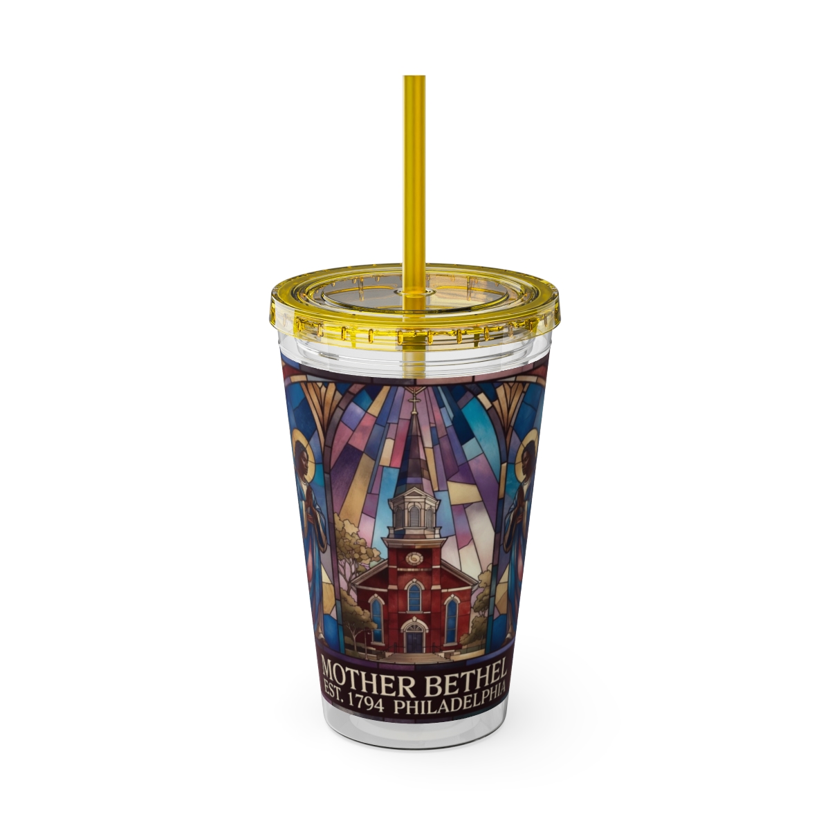 Stained Glass Church 16oz Tumbler with Straw — "Mother Bethel" Design mockup 19