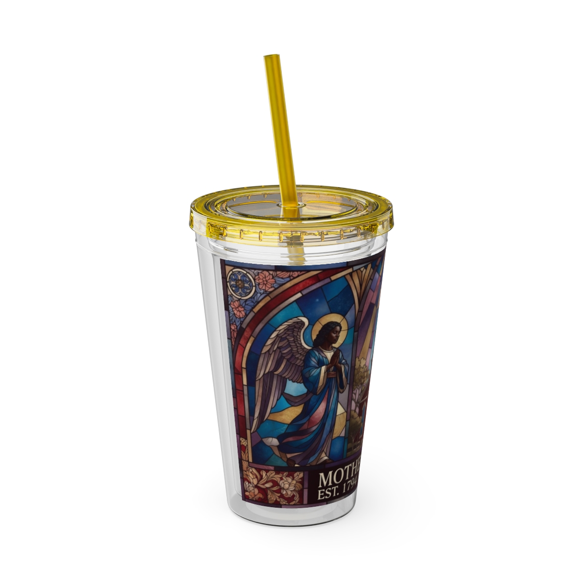 Stained Glass Church 16oz Tumbler with Straw — "Mother Bethel" Design mockup 20