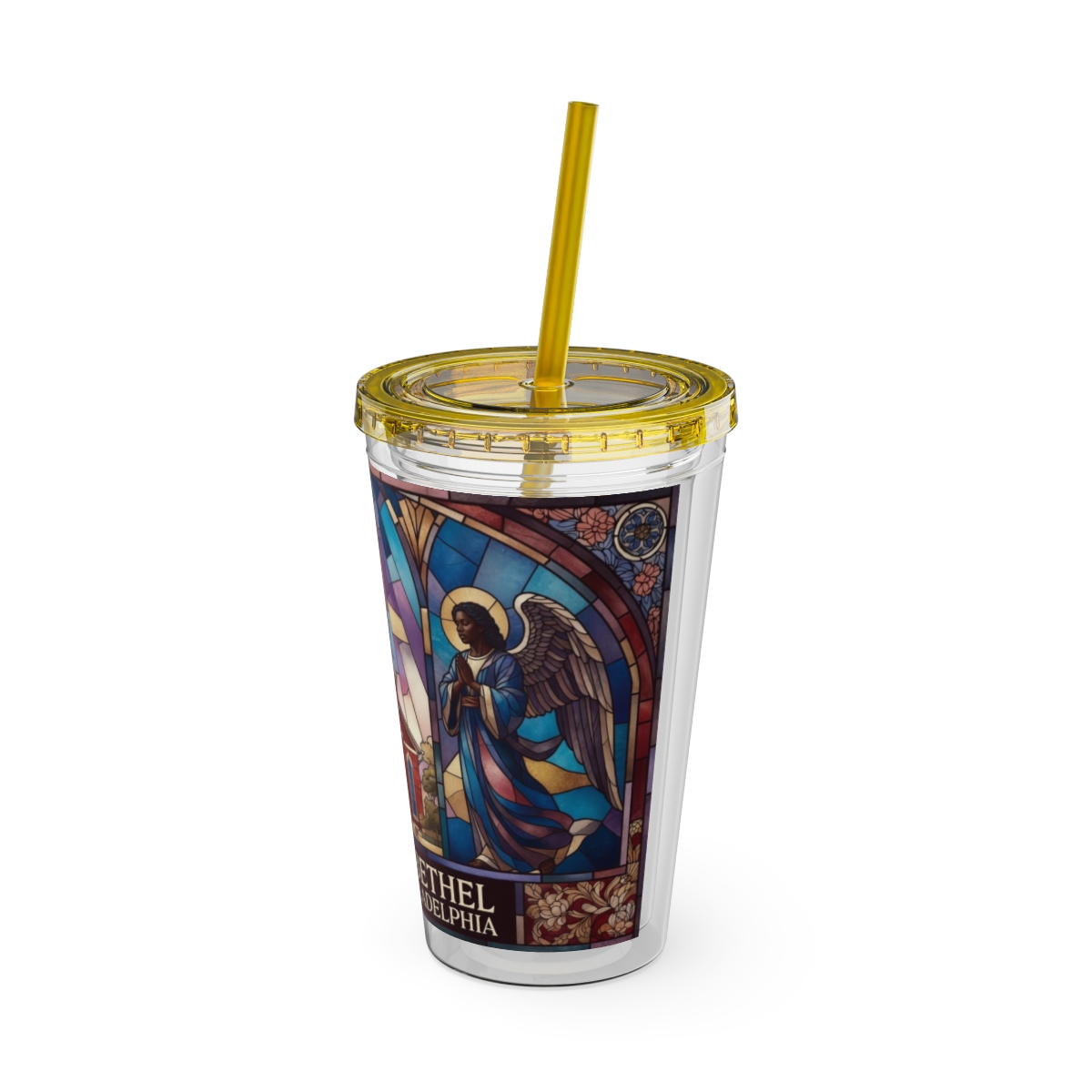 Stained Glass Church 16oz Tumbler with Straw — "Mother Bethel" Design mockup 22