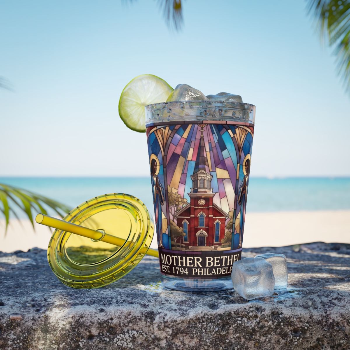 Stained Glass Church 16oz Tumbler with Straw — "Mother Bethel" Design mockup 23