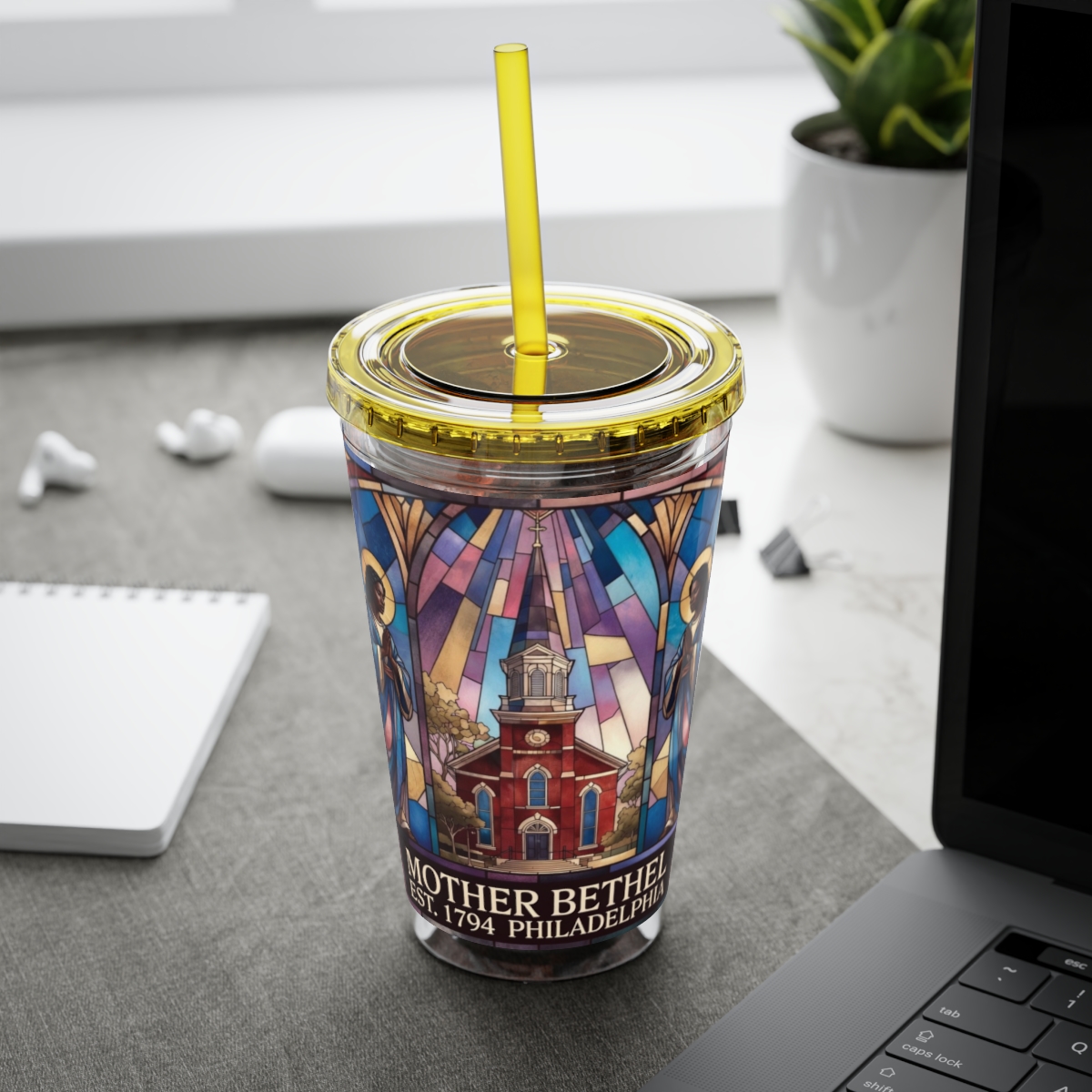 Stained Glass Church 16oz Tumbler with Straw — "Mother Bethel" Design mockup 24