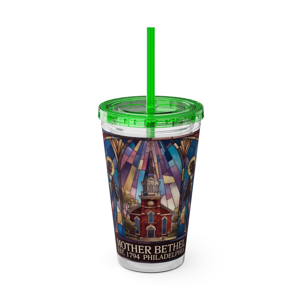 Stained Glass Church 16oz Tumbler with Straw — "Mother Bethel" Design mockup 25