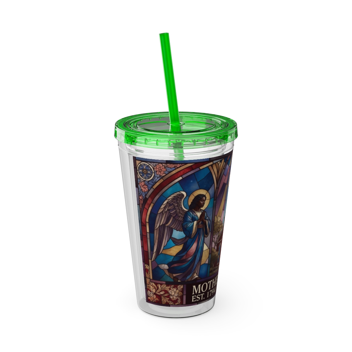 Stained Glass Church 16oz Tumbler with Straw — "Mother Bethel" Design mockup 26